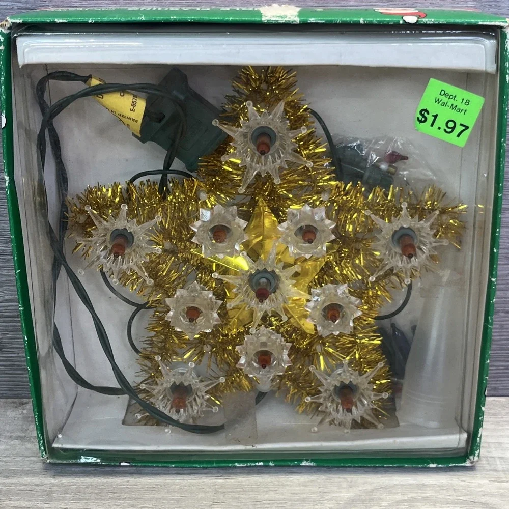 Christmas Trim 11 Light Star Tree Top Gold Tinsel Single Flashing Lights Vintage